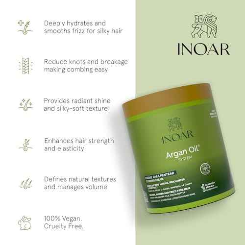 INOAR Argan Oil Combing Cream Creme de Pentear with Jojoba & Cocoa Butter for Deep Hydration & Smoothing, 17.6 Fl Oz