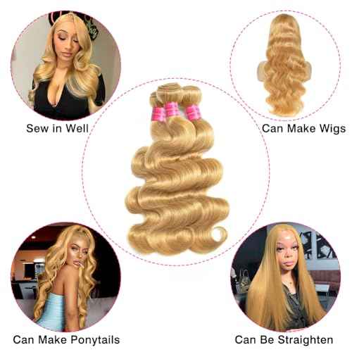 Aopusi #27 Human Hair Bundles Brazilian Body Wave Virgin Hair Honey Blonde Body Wave Bundles #27 Colored Blonde 3 Bundles/Lot for Black Women(20 22 24 Inch)