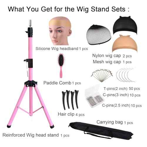 Reinforced Wig Stand Tripod 59" Heavy Duty Adjustable Mannequin Head Stand Tripod for Styling Cosmetology Hairdressing Training, Pink Wig Head Stand Sets with Wig Caps,Comb,Hair Clips, T-Pins,Headband