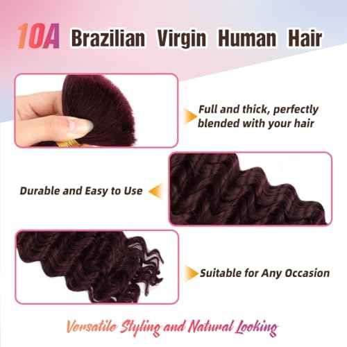 Human Braiding Hair, 3 Bundle 150g 20 Inch Boho Braids Human Hair 10A Deep Wave Bulk Brazilian Virgin No Weft Wavy Hair Extension for Boho Knotless Bohemian Micro Braid Bulk for Braiding 99J