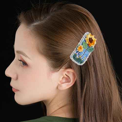 Coolideas handmade micro-hook crocheted hair barrettes yarn Handcrafted fine crocheted hair clips, creative hand made knitted side hair accessories for female (#11 Sunflower)
