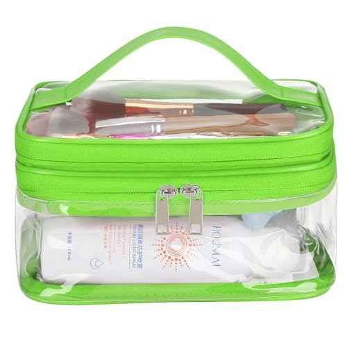 HAOGUAGUA Double Layer Clear Cosmetic Bag Makeup Bag, Waterproof Travel Toiletry Bag, Transparent PVC Pouch Organizer (Green)