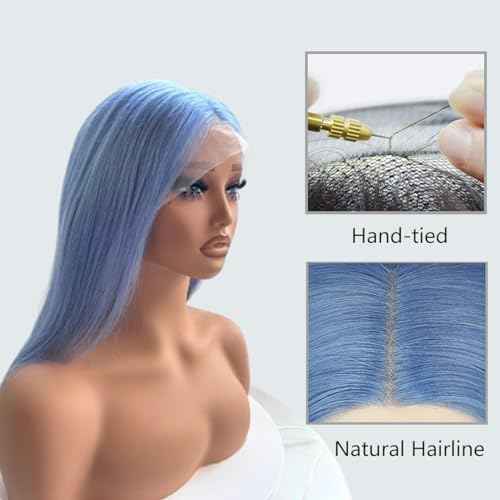 Light Blue Wigs 100% Brazilian Virgin Human Hair,Shiny and Bouncy 10A Grade Bob Wigs,13x4 HD Transparent Straight Lace Front Human Hair Wig 180% Density,Small Knots Easy to Bleach(16Inch,Light Blue)