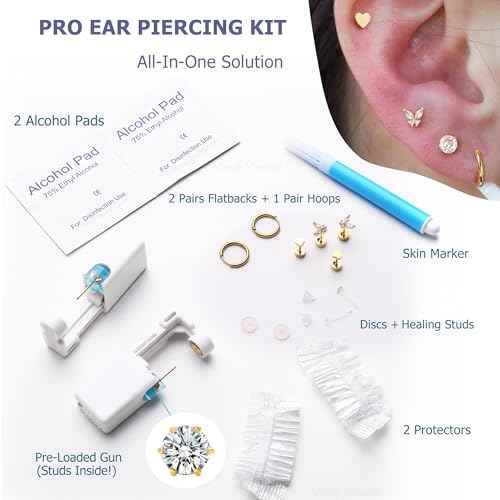 KRFY Ear Piercing Kit Sets, Disposable Stainless Steel Ear Piercing Gun with Preloaded Stud Earrings for Women, Self Pierce Studs Kit Tool, Flat Back Hoop Earrings Cartilage Jewelry Gold Plated/Silver