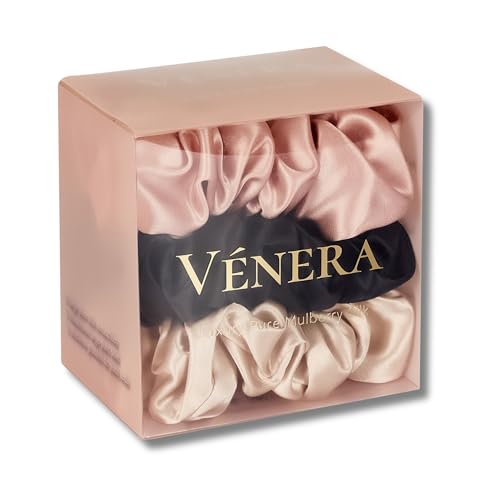 VÉNERA Silk Scrunchies - 100% Pure 22 Momme Mulberry Silk Hair Ties (Espresso-Cream-Caramel)