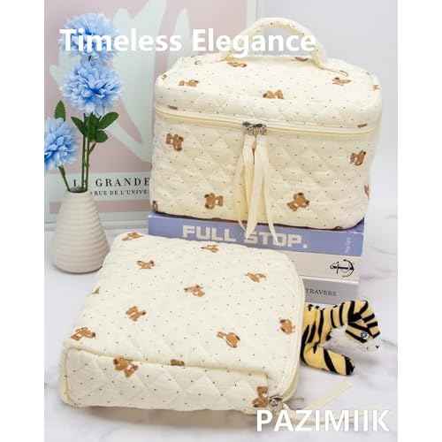 PAZIMIIK Quilted Makeup Bag Large Travel Zipper Soft Cosmetic Pouch for Women Girls Make Up,Gauze Bear