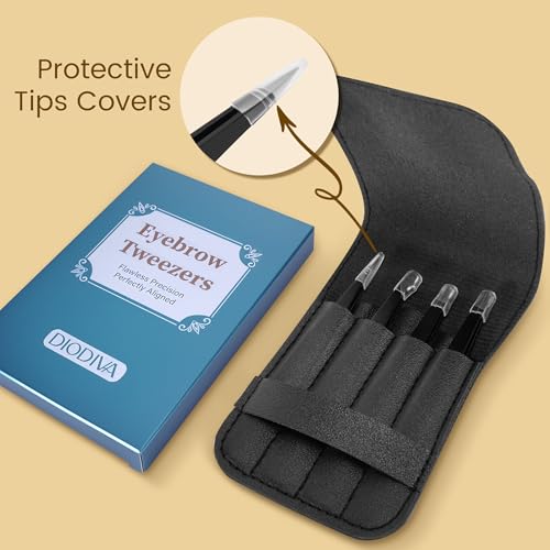 4-Pack Tweezers for Eyebrows, Facial Hair, Ingrown Hair Removal, Tweezer Set with Case for Women and Men, Professional Stainless Steel Precision Eyebrow pinza de cejas Plucking Grooming - Black