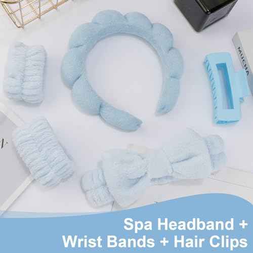 Canitor Spa Headband Wrist Bands Set with Hair Clips Skincare for Washing Face Skin Care Puffy Makeup Preppy Teen Girl Gifts Cute Trendy Stuff Hair Accessories for Women (blue)