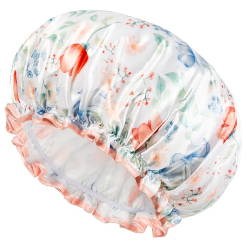 Auban Shower Caps, Waterproof Shower Cap for Women Long Hair, Double Layers Reusable Shower Cap with Soft Comfortable PEVA Lining Non-fading Bathing Shower for Ladies