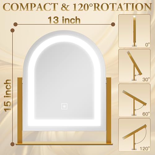 ROLOVE Lighted Makeup Mirror with 3-Color Dimmable Lighting, with Removable 10x Magnifier, Smart Touch Control, 360¡Æ Rotation, 15" x 13" Hollywood Vanity Mirror for Tabletop Desk (Gold)