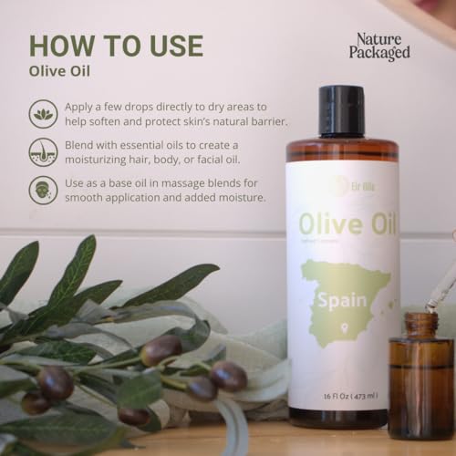 Olive Oil - 100% Pure Cold Pressed Natural Olive Oil (Aceite de Oliva) for Essential Oils Dilution, Massage & Skincare - Premium Grade (16oz)