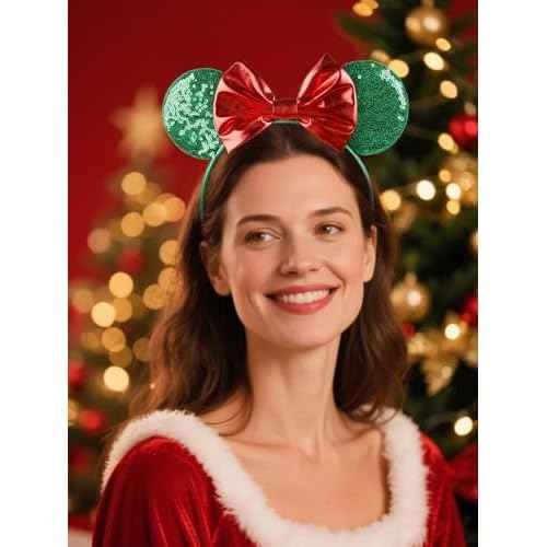 Christmas Mouse Ears Headbands for Women Red Bow Mouse ear Headband Sequin Green Hairbands Birthdays Party Hair Accessories