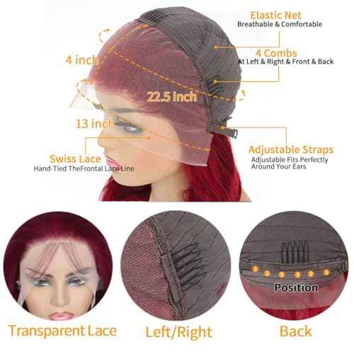 99j Burgundy Body Wave 13x4 Lace Front Wigs Red HD Transparent Lace Frontal Wigs Human Hair Pre Plucked with Baby Hair 22 inches Wine Red Colored Body Wave Wigs for Women Full and Thick 220% Density