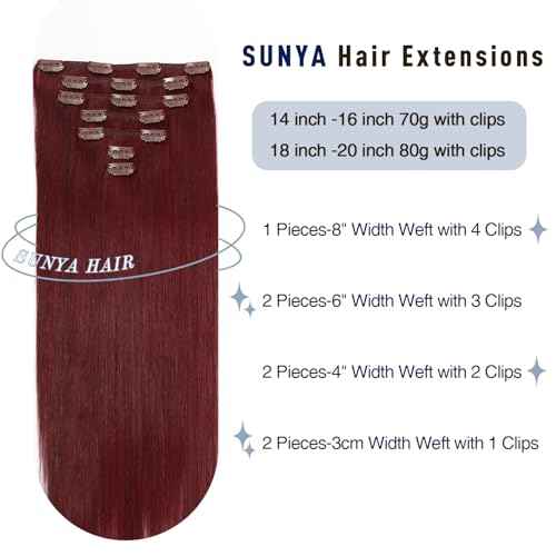 Sunya Clip in Hair Extensions Real Human Hair 7 Pcs Human Hair Clip in Extensions 18 Inch Straight Double Weft Remy Human Hair Extensions Clip ins for Women #99J Burgundy 80G