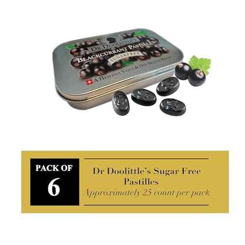 Dr. Doolittle¡¯s Sugar Free Soft Fruit Pastilles for Voice and Throat, Blackcurrant Flavor, 2.12 Ounce Tin, Approximately 25 Count Package, 6 Pack