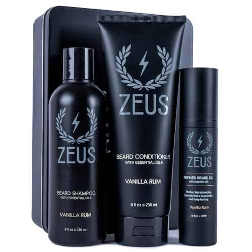 ZEUS Beard Care Starter Kit for Men, Natural Shampoo, Conditioner & Refined Oil, Soften, Hydrate & Strengthen Thick Facial Hair (Made in USA) Vanilla Rum