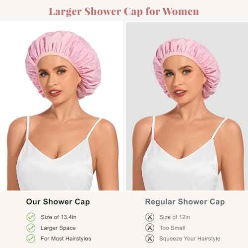 Shower Cap for Women Waterproof Reusable, Large Shower Cap Non-Slip with Elastic Band, Washable Bath Hair Hat for Long Hair, Braids (Pink)