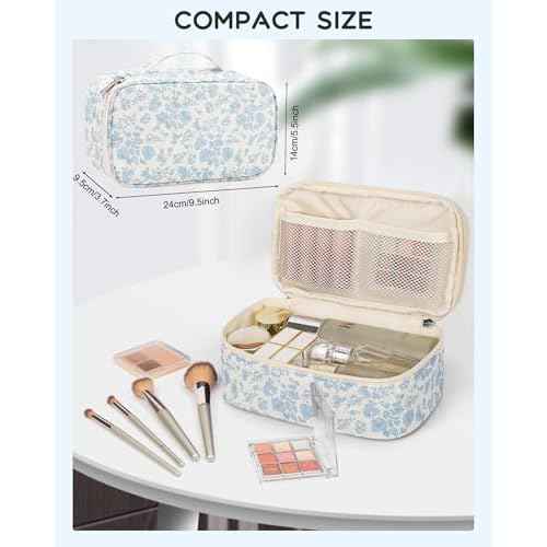 Relavel Travel Makeup Bag, Small Floral Cosmetic Bag with Makeup Brush Compartment, Portable Makeup Pouch for Women, Double Layer Makeup Organizer Bag Cute Toiletry Bag