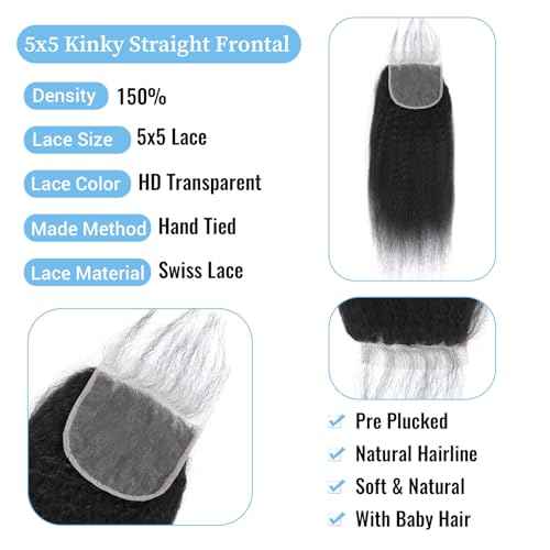 Kinky Straight 5x5 HD Lace Closure Pre Plucked Yaki Straight Closure HD Lace with Baby Hair HD Lace Closure Human Hair Free Part Natural Color Black 18 Inch