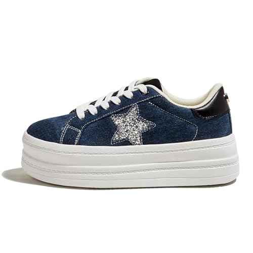 BELOS Fashion Platform Women Sneakers Faux Suede Stars Holographic Rainbow Walking Shoes