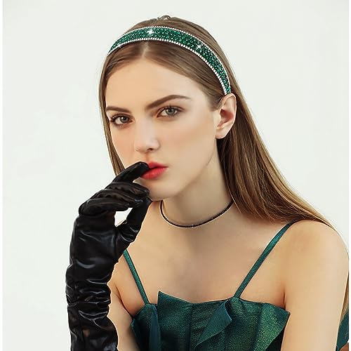 Wecoe Rhinestone Headband - Dark Green Bling Sparkly Crystal Diamond Thin Hair Band for Women & Girls, Fashion Accessory for Holiday, Birthday Gift