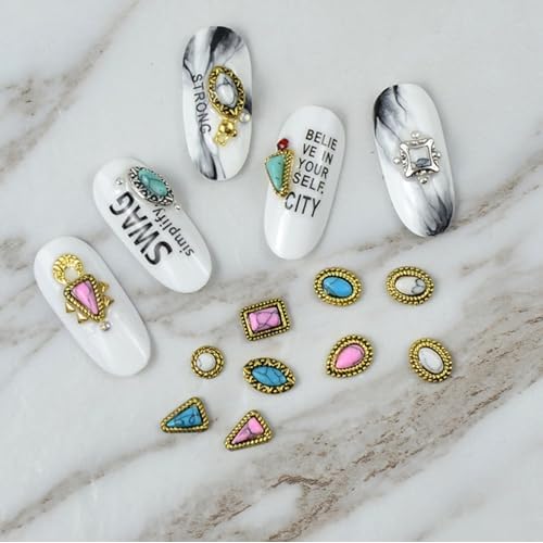 60 Piece Set of Turquoise Gemstone Pendants - 3D Nail Accessories with Hollowed Out Design, Vintage Pendants Suitable for DIY and Western Nail Art, Blue