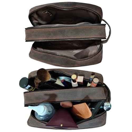 RUSTIC TOWN Full Grain Leather Travel Toiletry Bag - Cosmetic Ditty Kit Organizer (Dark Brown)