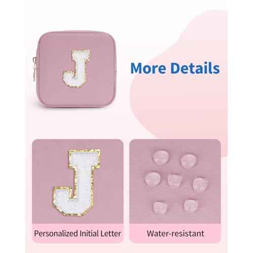 Wandering Nature Personalized Mini Initial Makeup Bag with Glitter Chenille Letter Patch, Small Preppy Makeup Bag with Slip-In Pockets, Ideal Gift for Valentine's Day Mother's Day (Patent Pending)
