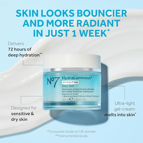 No7 HydraLuminous+ Hydrating Day Gel Moisturizer - Hyaluronic Acid and Vitamin B3 Niacinamide Face Moisturizer to Hydrate, Protect & Refresh Skin - Supports Skin Barrier Repair (1.69 Fl Oz)
