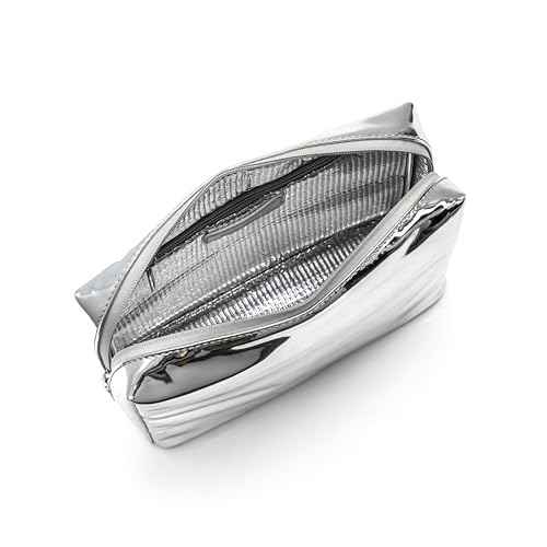 Stay Golden Metallic Silver Insulated Waterproof Makeup Bag for Women Heat-Resistant Travel Cosmetic & Toiletry Bag | Luxurious Vegan Leather Portable Makeup Organizer - Medium
