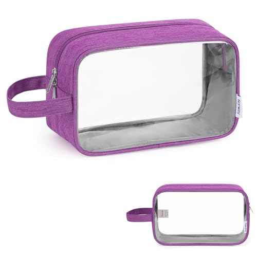 Narwey Clear Travel Toiletry Bags for Traveling Toiletries Men Women, Clear Makeup Bag Cosmetic Bag with Zipper, Make Up Pouch Organizer Bag with Handle, Skincare Beach Snack Medicine Bag, Purple