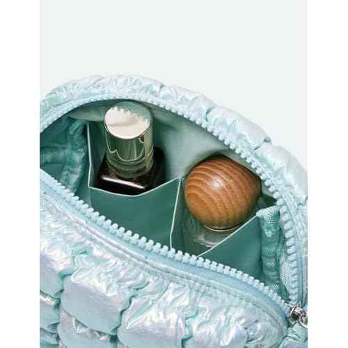 Yarnic Quilted Makeup Bag Puffy Cosmetic Bag, Quilt Travel Toiletry Bag Puffer for Women, Cute Makeup Bag Organizer Soft Cosmetic Pouch (Iridescent Blue, S)