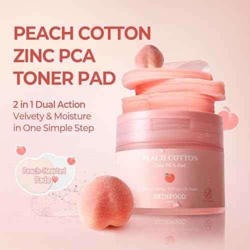 SKINFOOD Peach Cotton Zinc PCA Toner Pads, Korean Skincare for Dual Functional Hydrating,Soothing & Matte, Velvety Finish, Stocking Stuffers, Sebum Control for Sensitive, Oily, 5.64 oz (70 Pads)