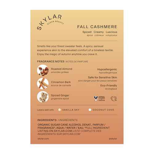 Skylar Fall Cashmere Eau de Parfum - Hypoallergenic & Clean Perfume for Women & Men, Vegan & Safe for Sensitive Skin - Spicy Gourmand Perfume with Notes of Cinnamon, Almond & Ginger - 50mL /1.7 Fl oz
