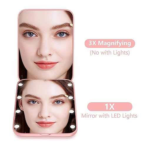 WOBSION Small Mirror with Lights,LED Compact Makeup Mirror,1x/3x Mini Travel Mirror with Magnification,Portable for Purse,Pocket,Gifts for Girls,Rose Gold