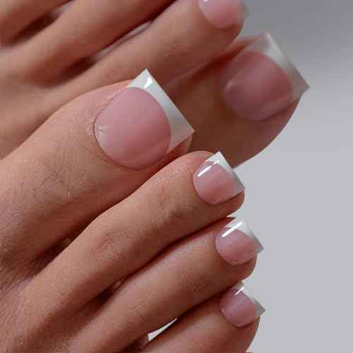 BTArtbox Press On Toenails - Lamp-Curable Real Square Toe Nail Press Ons with Glue for Women, Semi-Transparent French Tip Fake Toe Nail Tips in 15 Sizes - 30 Toenails Kit, Ma'am