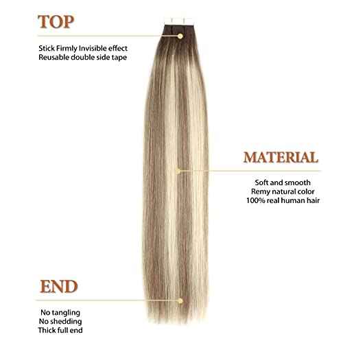 Lovrio Tape in Hair Extensions Human Hair Color Walnut Brown Roots to Light Chestnut Brown with Bleach Blonde 22 Inch 50g Real Hair Extensions Tape in Extensions 20pcs