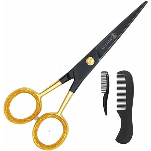 MTM PRO Professional Beard & Mustache Scissors with Mustache Comb Grooming kit for Men Beard Trimming Scissors, Small Grooming Scissors Men, Mustache & Beard Scissors (Black, Gold, 5 inches)