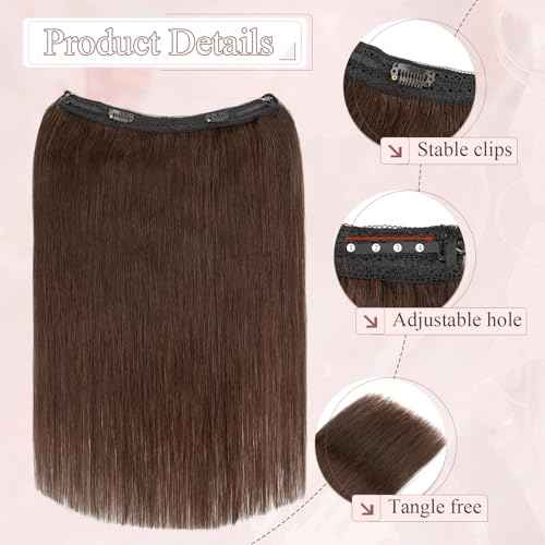 Halo Hair Extensions Real Human Hair Adjustable Halo Extensions Long Straight Hairpiece for Women,20inch 02 Dark Brown,70g