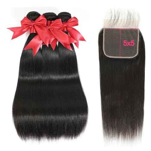 12A Straight Bundles Human Hair with 5x5 Closure 14 16 18+12 Inch Brazilian Human Hair Weave Bundles with 5x5 HD Lace Closure 100% Unprocessed Virgin Hair Extensions