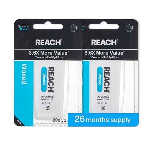 REACH Waxed Dental Floss, Unflavored, 3.6X More Value, Plaque Remover for Teeth, Shred Resistant, Floss Slides Smoothly, Easy to Use, Waxed, Oral Care, PFAS Free, for Adults & Kids, 2 Pack, 200 yd
