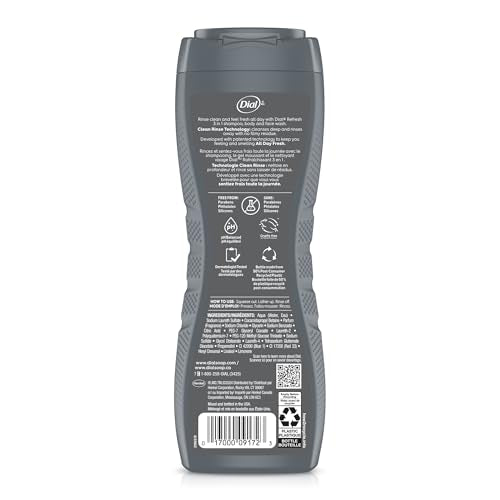 Dial Men 3 in 1 Body, Hair and Face Wash, Refresh, 16 Fl Oz (Pack of 4), Blue Sage Scent, Cleanses Deep + Gentle on Skin with Clean Rinse Technology