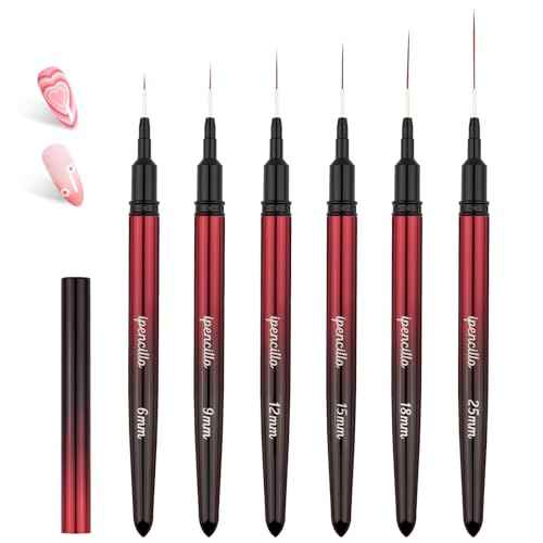 Nail Art Brushes, 6 Pcs Nail Liner Brushes for Nails, Nail Brushes for Nail Art Lines, Details, Edge and Plaid, Nail Art Brushes with Cap, Thin Liner Brushes Sizes 6/9/12/15/18/25 mm, Black