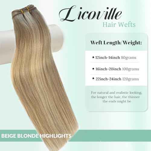 Weft Hair Extensions Real Human Hair Bundles Highlight Blonde Sew in Hair Extensions 18 Inch 100G Soft Natural Beige Blonde and Platinum Highlights Human Hair Weft Weave Bundles for Women