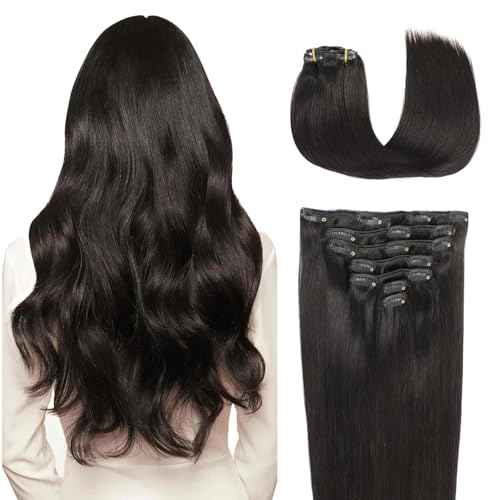 JESSBO Clip in Hair Extensions Real Human Hair Natural Black 16 Inch 120g 7pcs Seamless Invisible Double Weft Natural Straight Clip in Hair Extensions Human Hair for Woman (16 Inch #1B)