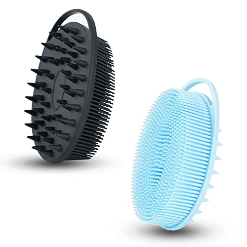 2 PC Silicone Exfoliating Body Scrubber, 2 in 1 Silicone Body Shampoo Brush, Soft Silicone Loofah for Sensitive Skin, Shower Silicone Hair Scalp Massager, Easy to Clean, Lather Well (Black&Blue)