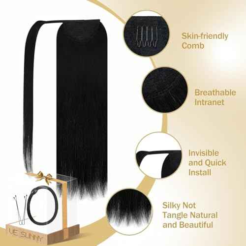 Ve Sunny Ponytail Extension Real Human Hair for Women Clip in Ponytail Hair Extension Straight Hair Pieces Wrap Around Jet Black 22inch 80G