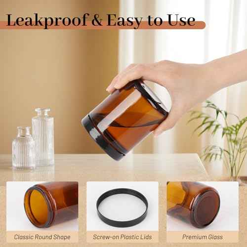 AuroTrends 8 oz Amber Glass Jars with Lids (12-Pack) - Candle Jars for Making Candles, Amber Cosmetic Cream Jar - Leakproof Plastic Lids & Labels Included (8fl.oz-12Pack)