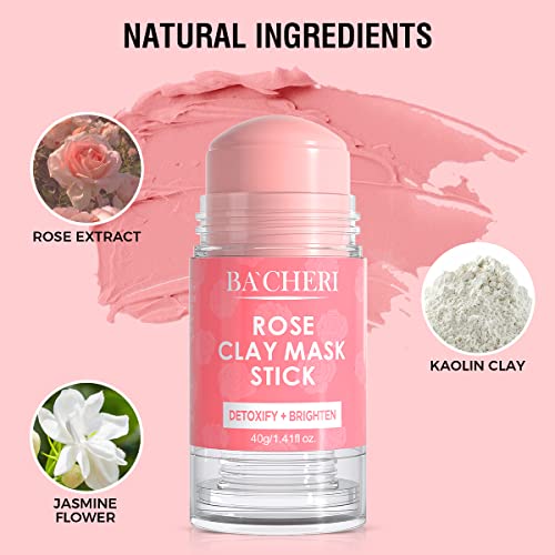 BACHERI Rose Clay Mask Stick, Pink Clay Mask with Rose Extract, Rose Facial Mask for Glowing Skin, Refining Pores and Moisturizing