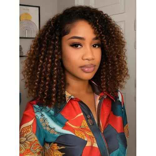 Half Wig Human Hair Glueless Kinky Curly Style 200% Density Ombre Highlight Invisible Hairline Beginner Friendly Seamless Clip Ins Flip Over None Lace Front Wigs (12 Inch)